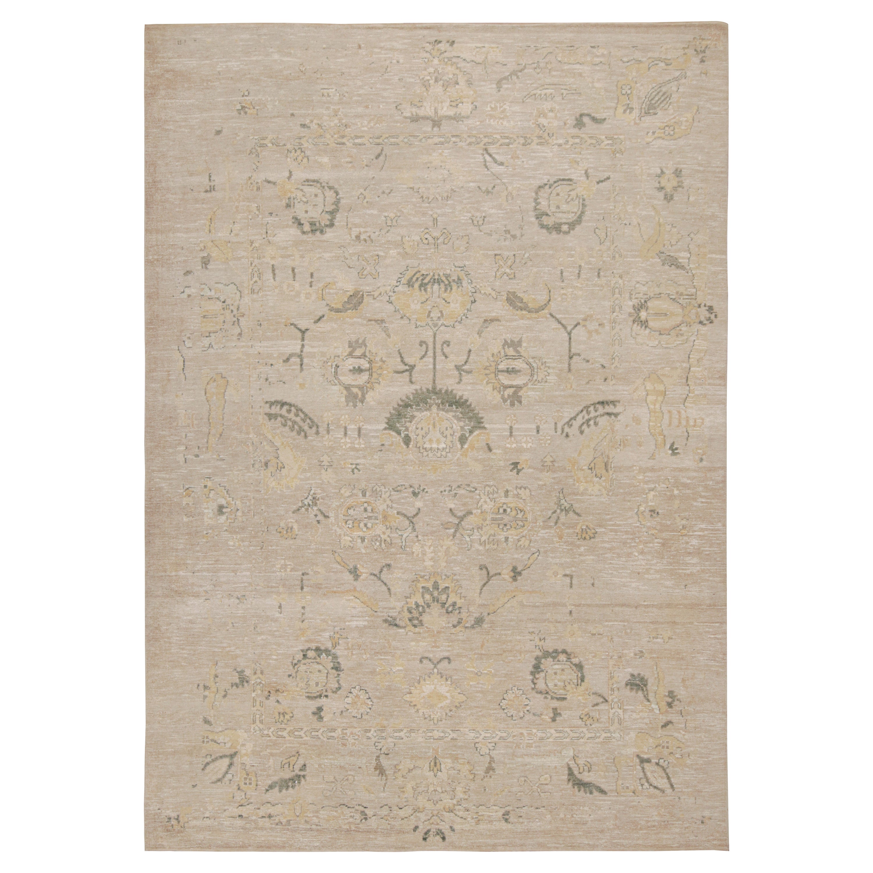Rug & Kilim’s Oushak Style Rug with Beige, Gray and Gold Floral Patterns For Sale