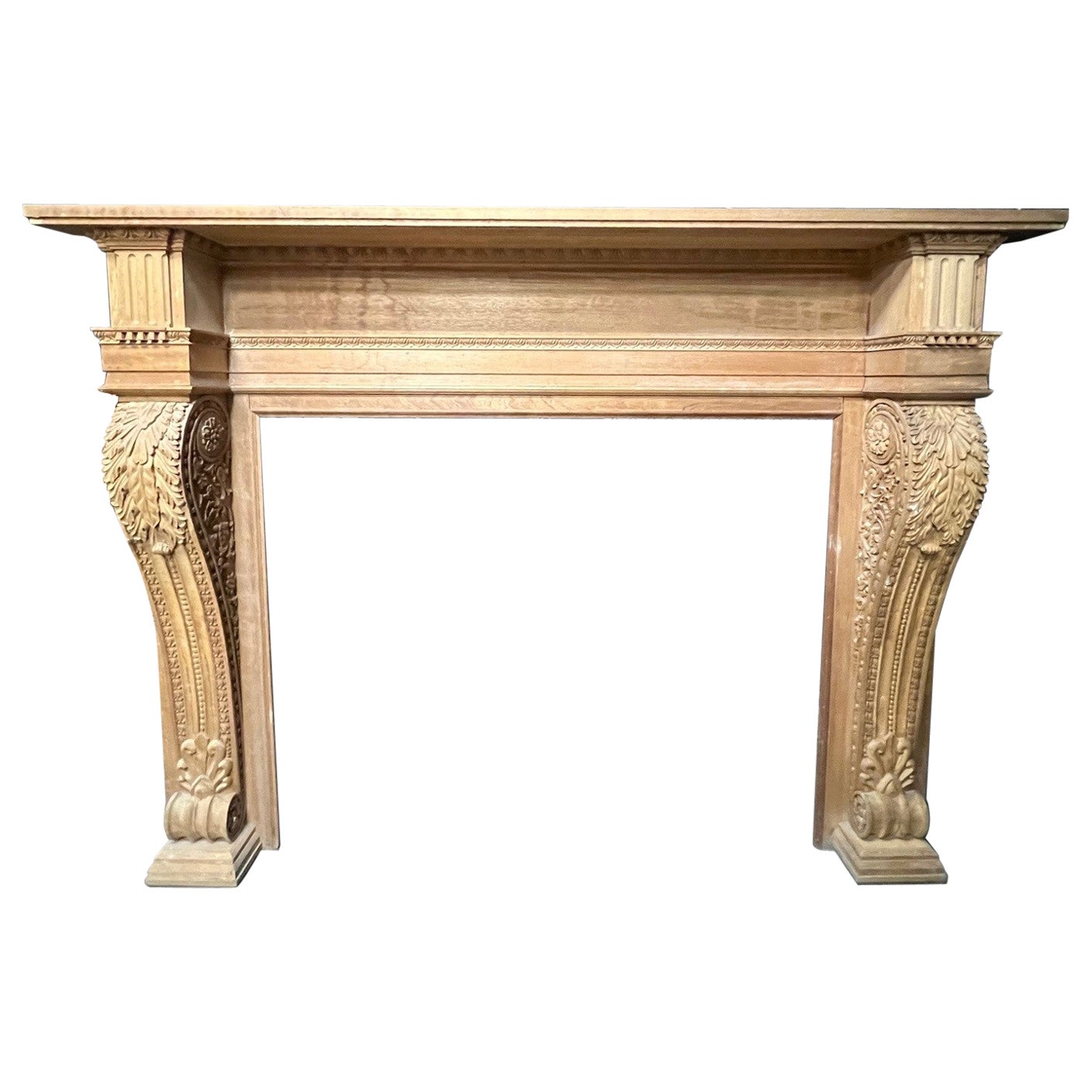 Oversize Carved Wood Fireplace Mantel with Acanthus Leaf Corbels.  