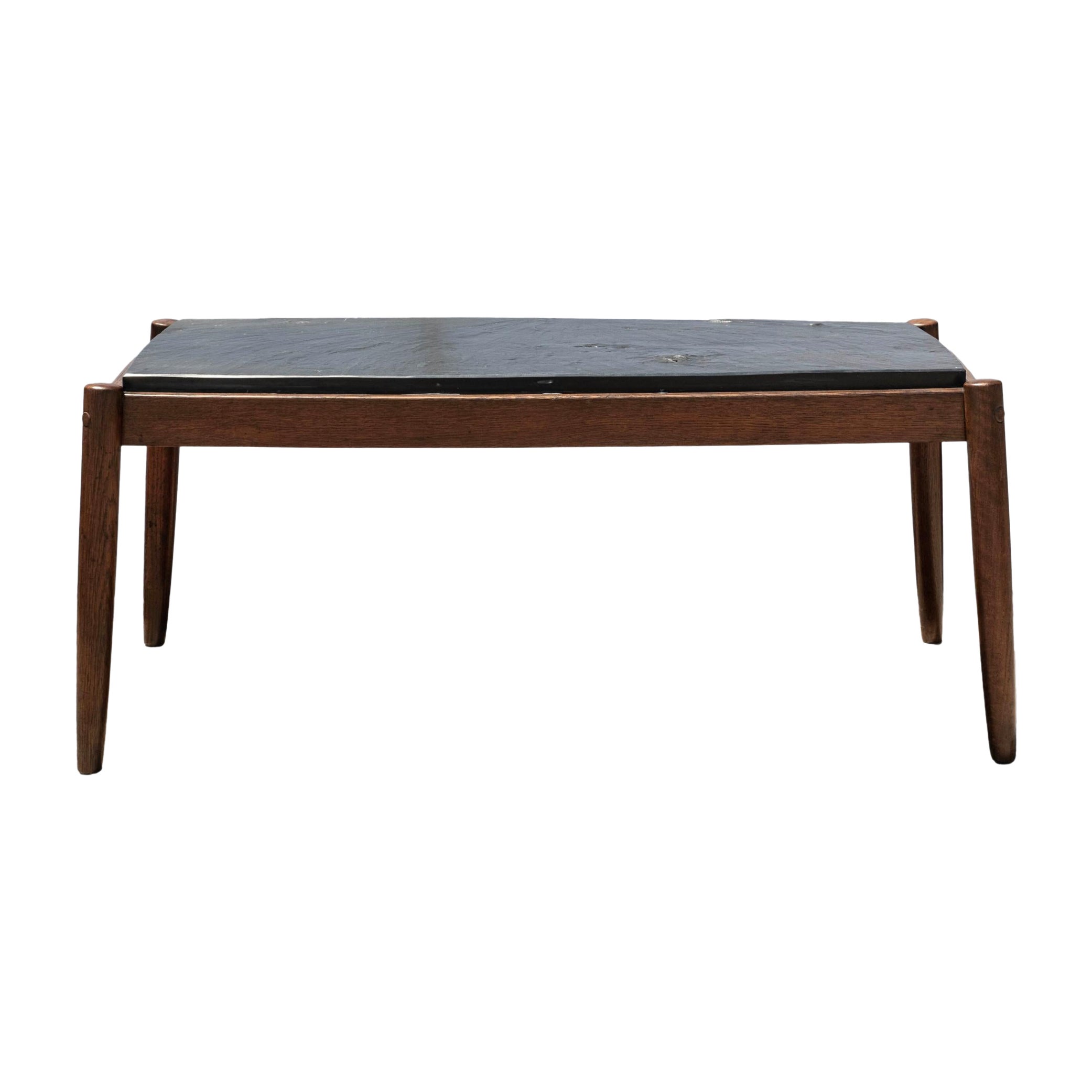 French Brutalist Walnut Coffee Table With Slate Top For Sale