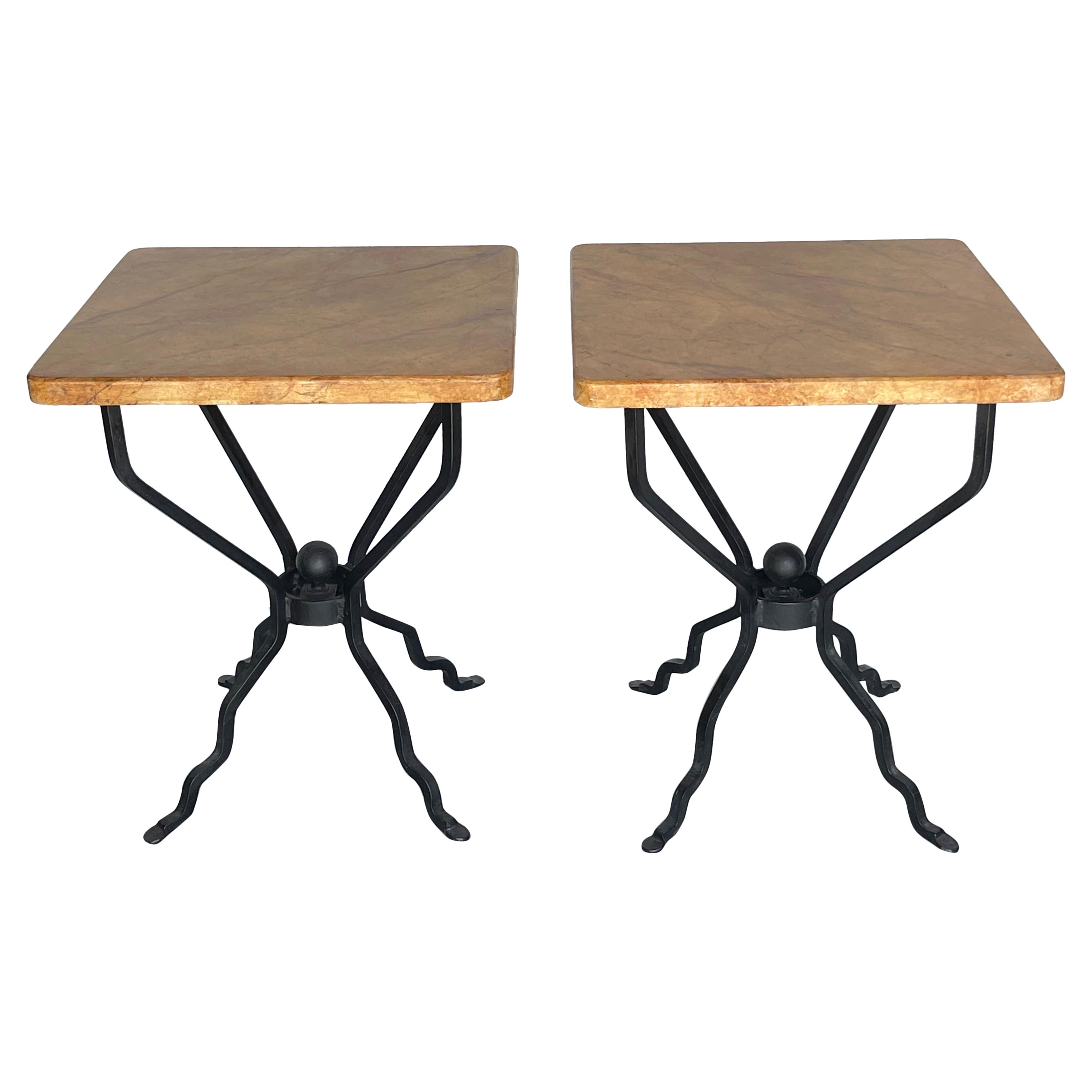 Sheik Pair of French Modern Iron & Marbleized Wood  End Tables 
