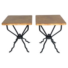 Sheik Pair of French Modern Iron & Marbleized Wood  End Tables