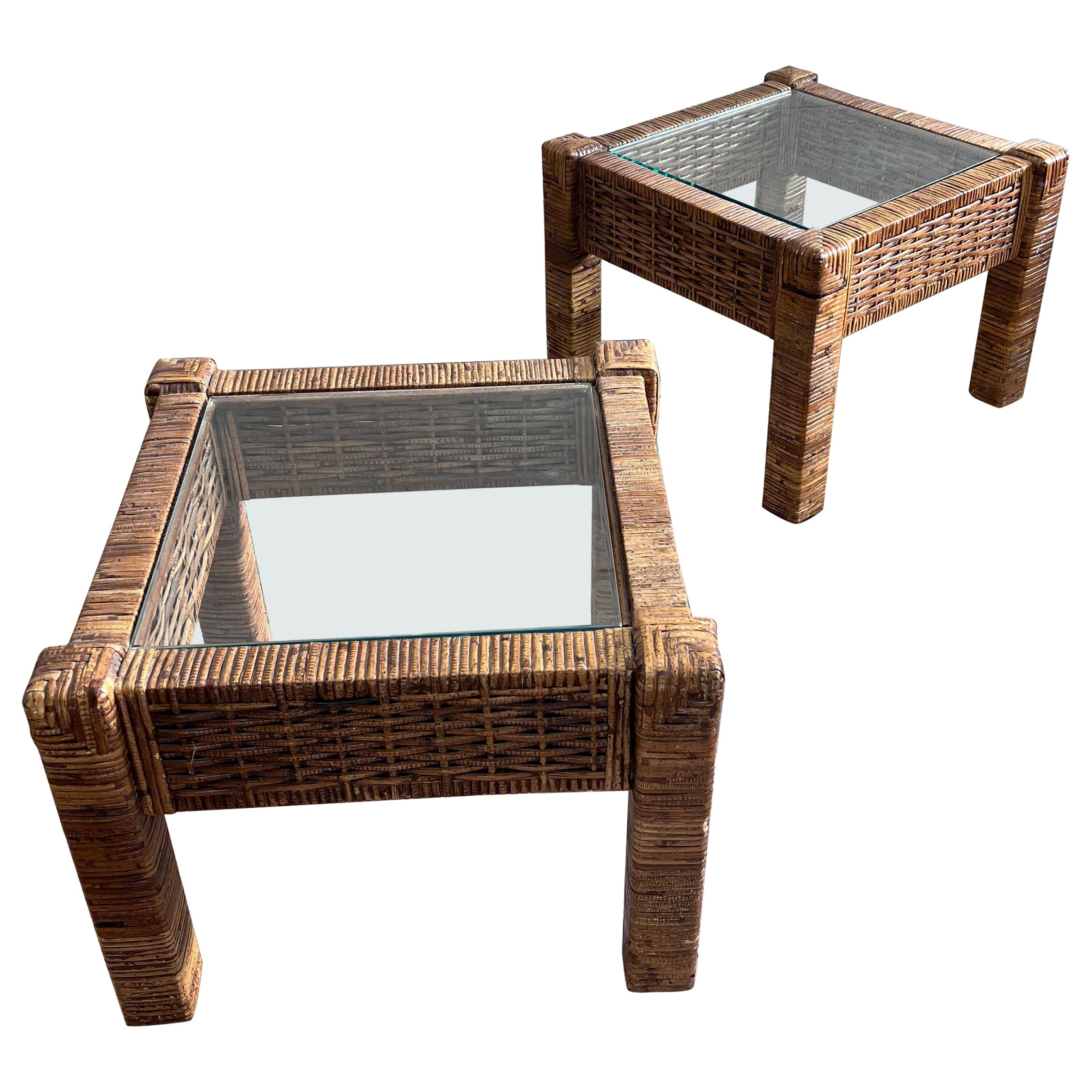 Vintage 1980s small modular rattan coffee tables/side tables -a pair 