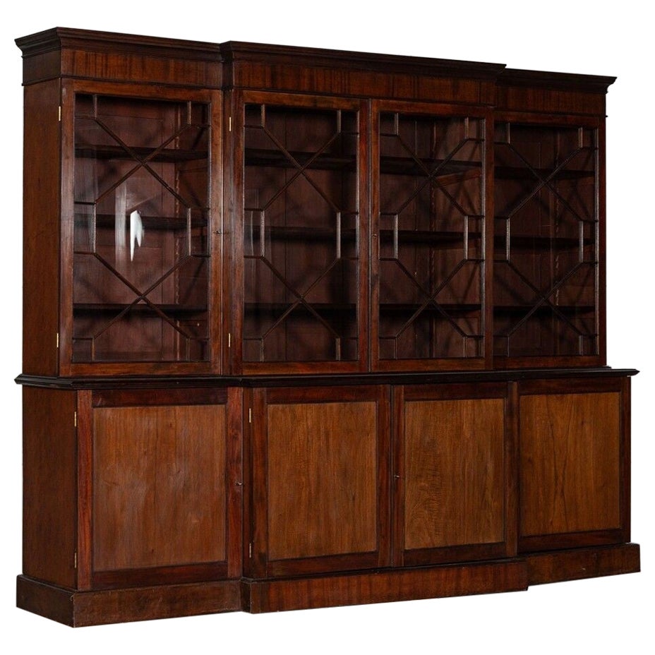 Large 19thC English Mahogany Astragal Glazed Breakfront Bookcase For Sale