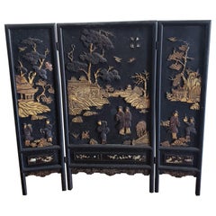 Late 19th C. Ming Carved Ebonized and Giltwood Trifold Table Screen