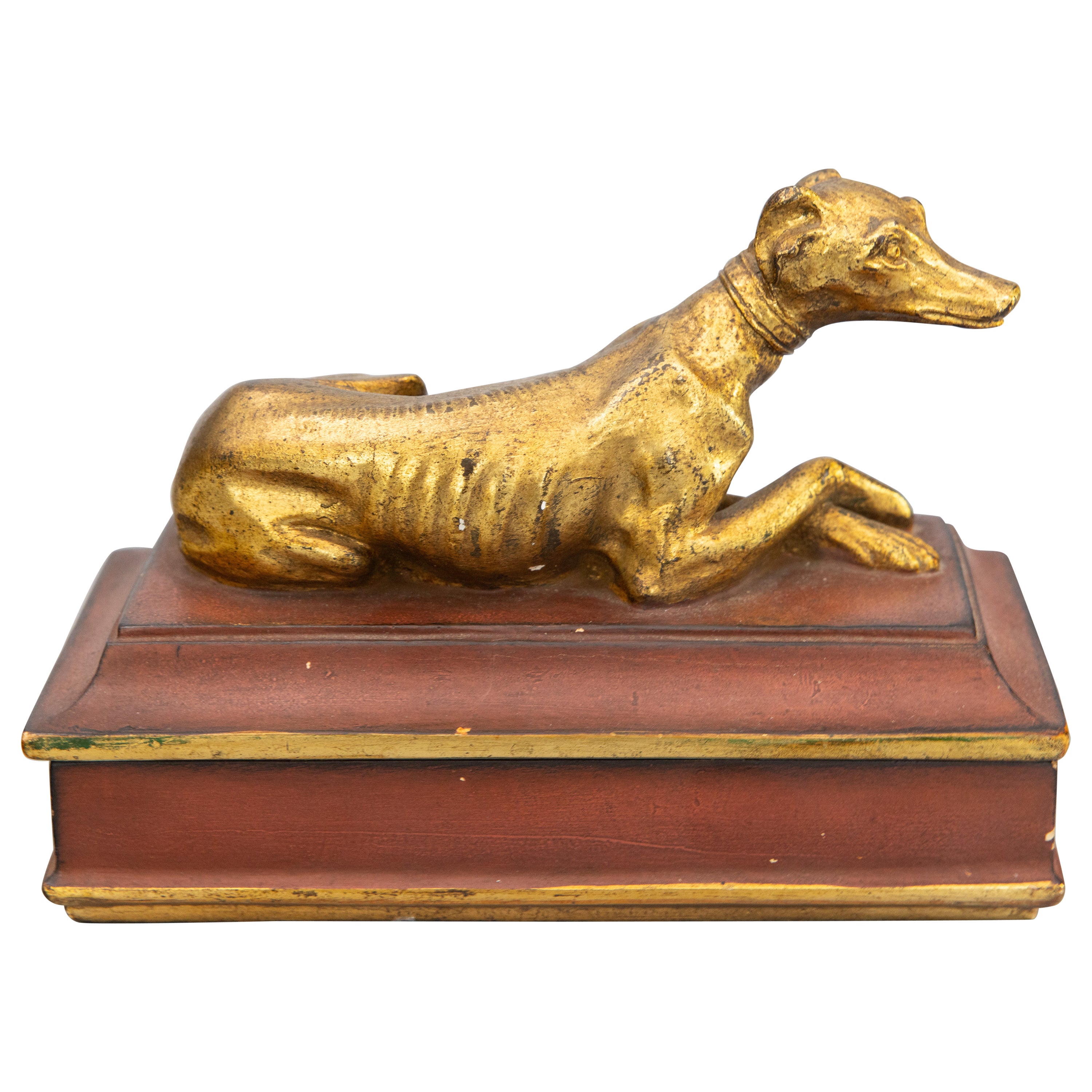 Italienische Borghese Hundedose mit Deckel aus vergoldetem Gips, um 1930 im Angebot