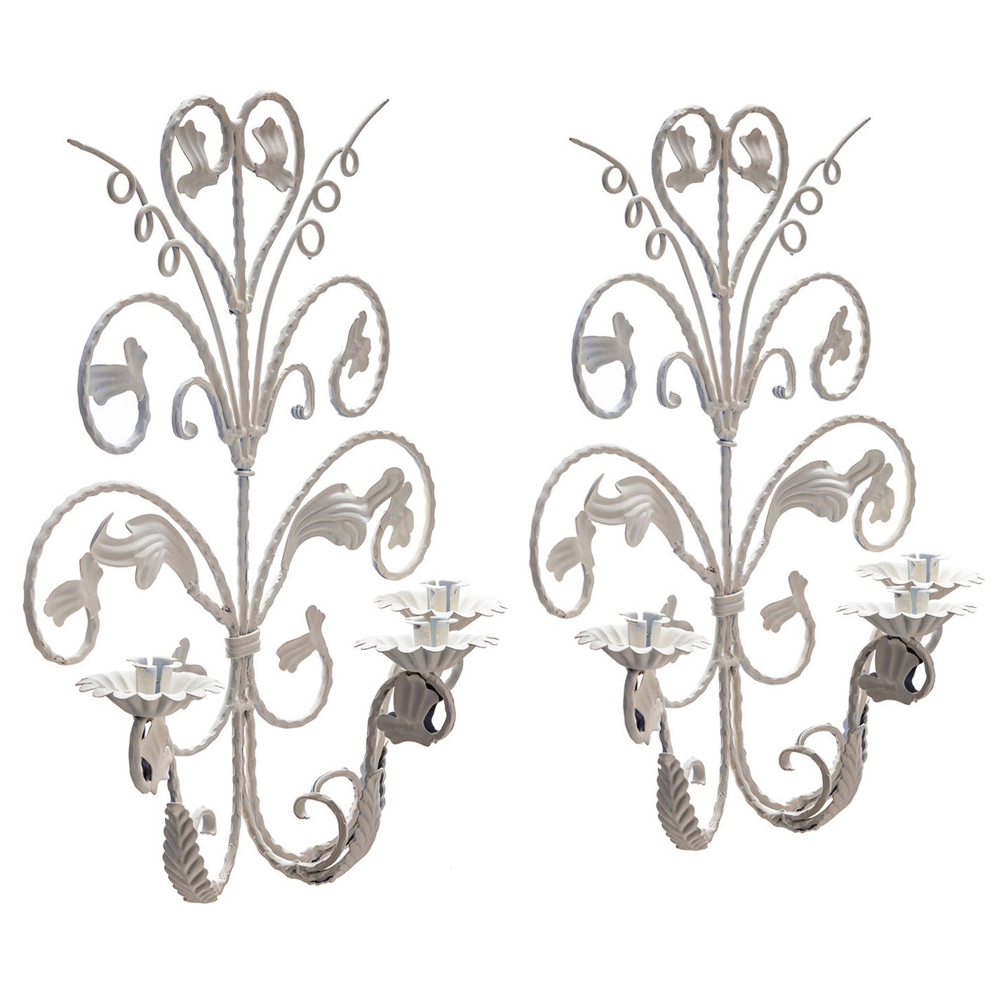 White Iron Candlestick Wall Scones Pair