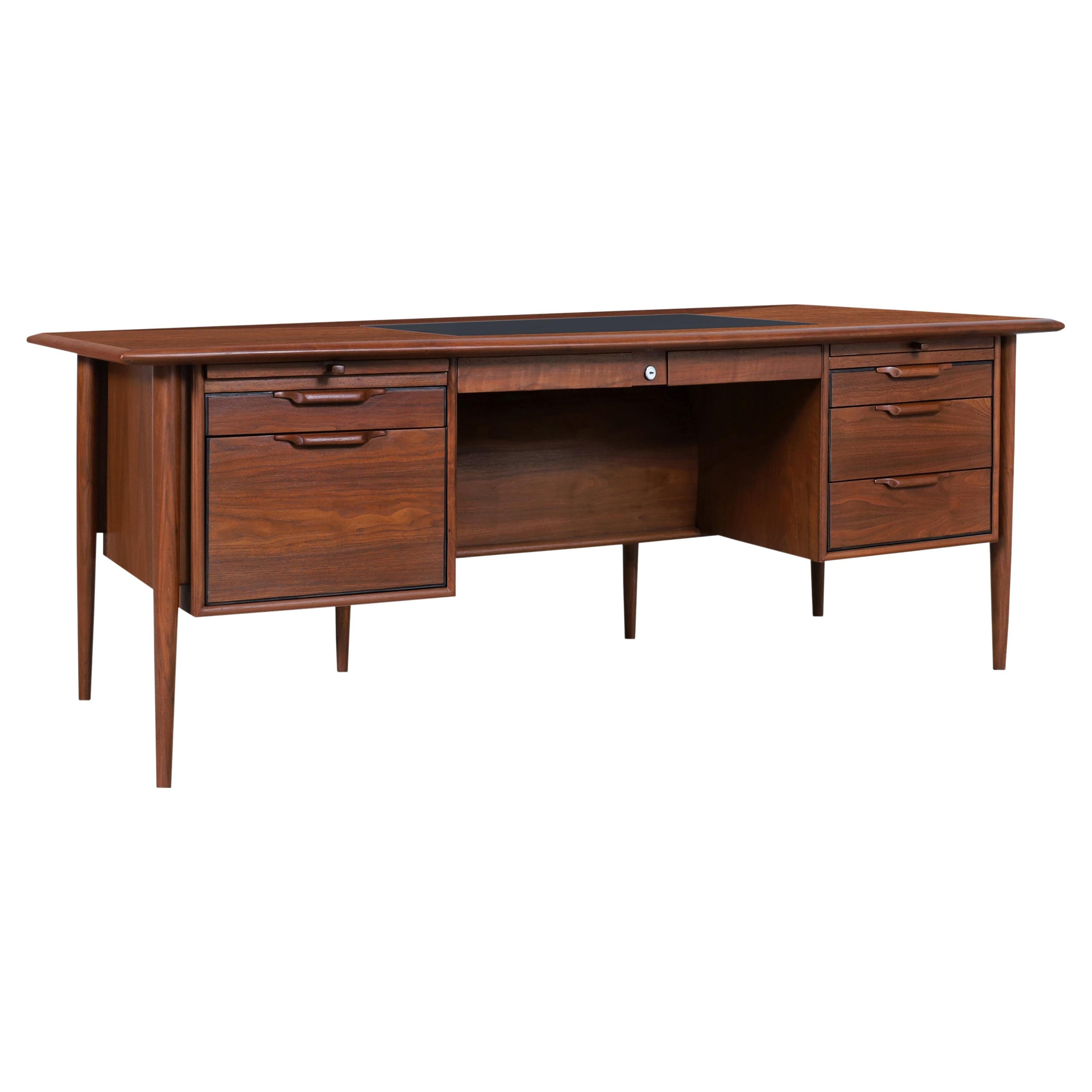 Mid Century Walnut "Castillian" Executive Desk by Alma For Sale