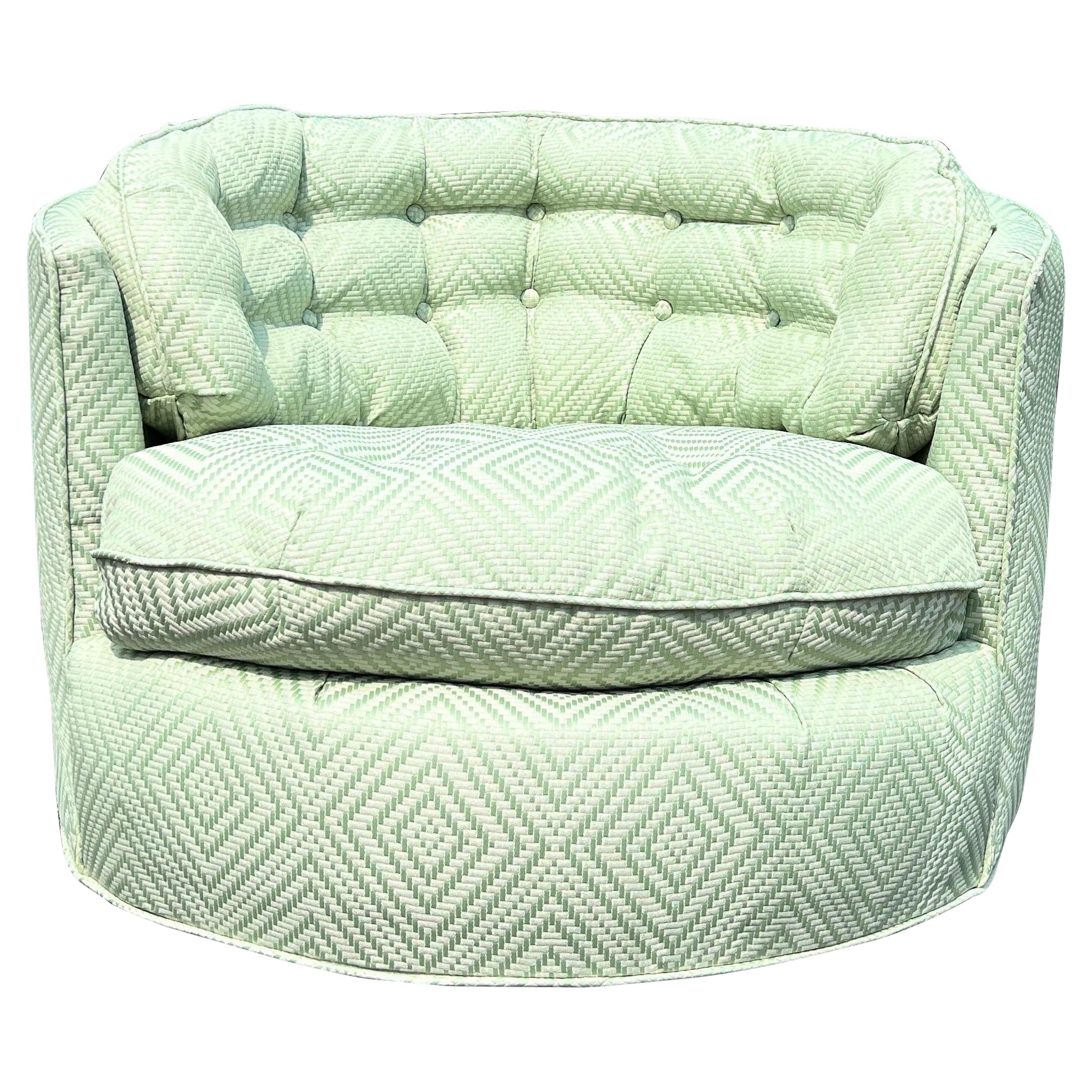 Newly Upholstered Milo Baughman Style Swivel Tub Chair With Quilted Barrel Back