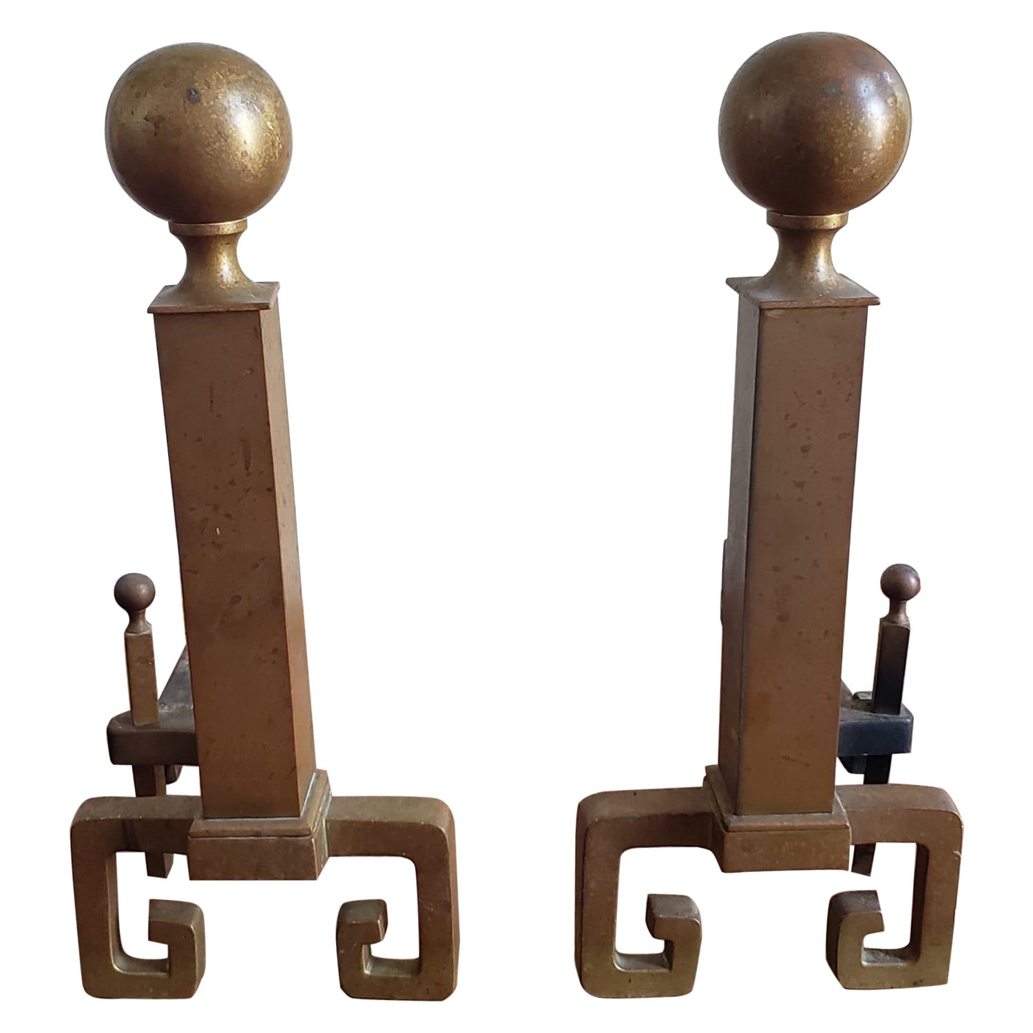 Pair of Early 20th Century Art Deco Brass Andirons For Sale