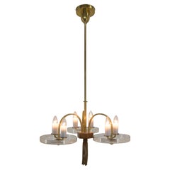 Art Deco Brass Wood and Glass Chandelier, 1940s