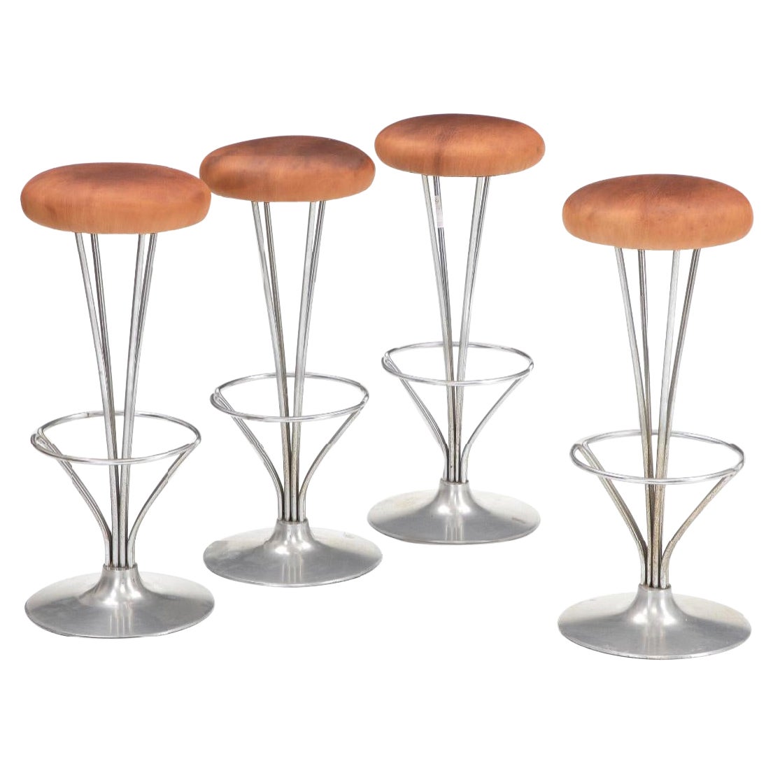 Set of four Piet Hein barstools in patinaed leather For Sale