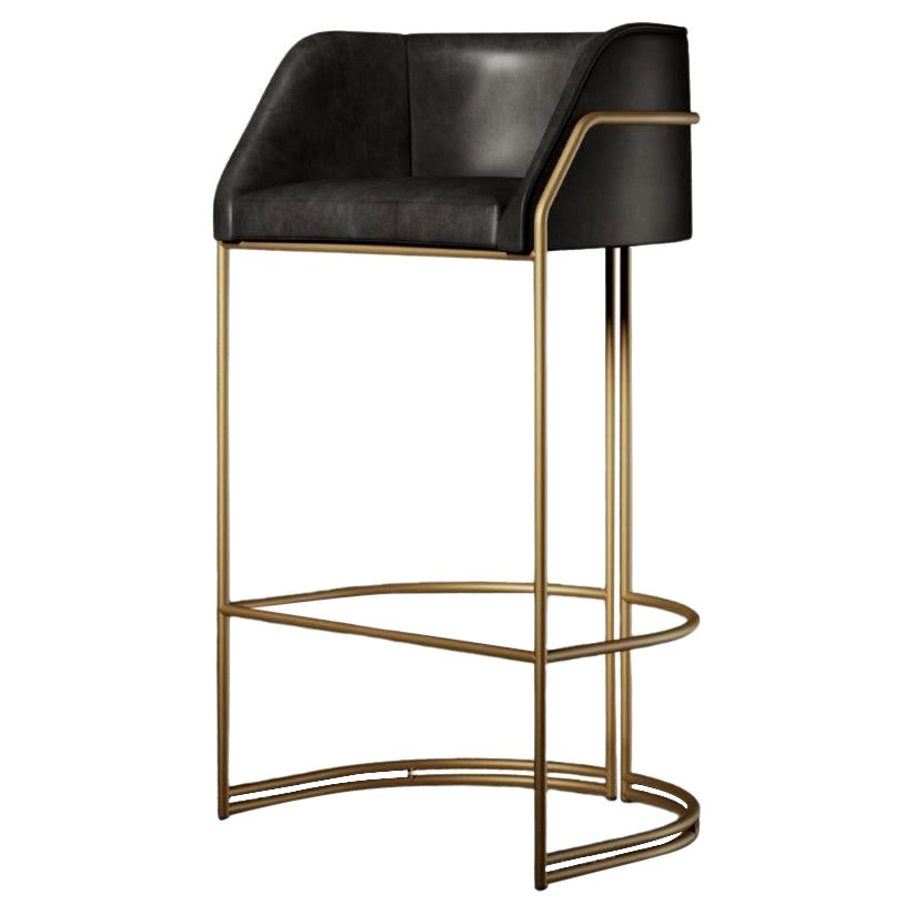 Déjà Vu Stool in Black Leather and Brushed Brass For Sale
