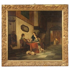 19th Century Oil on Panel Flemish Interior Scene Painting, 1820