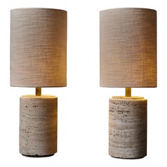 Pair of Cylindrical Travertine Table Lamps