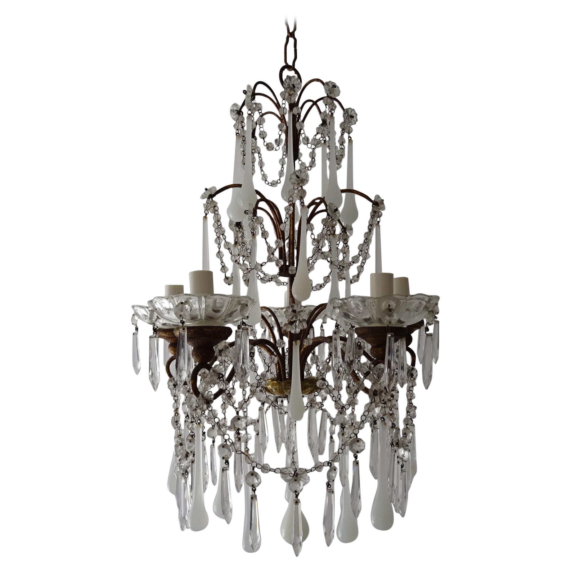 1930 French White Opaline Murano Drops Crystal Swags Darling Chandelier c. 1920