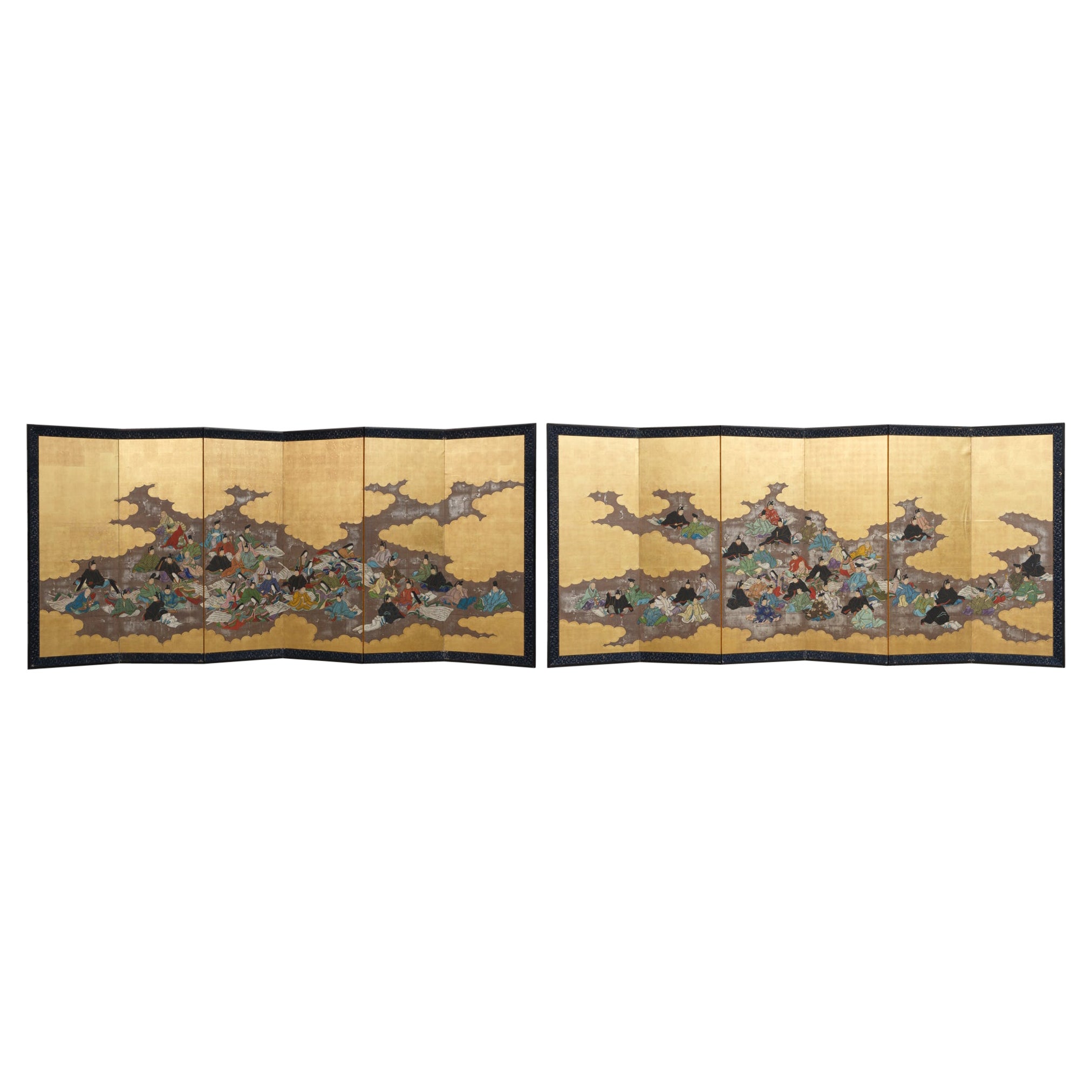 Pair of Japanese folding screens (byôbu) of poets from ‘Hyakunin isshu’ 百人一首