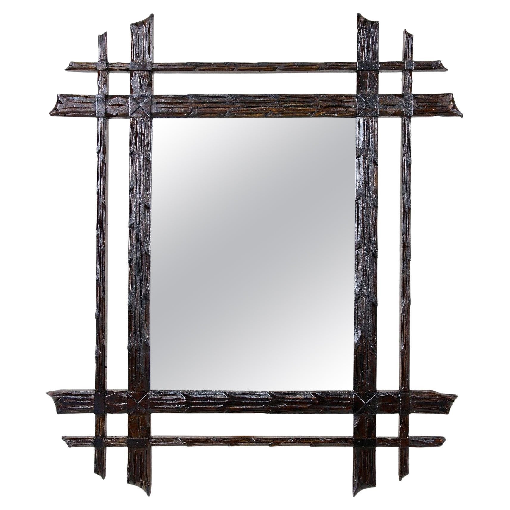 Black Forest Rustic Wall Mirror, Doubleframe Handcarved, Austria circa 1870
