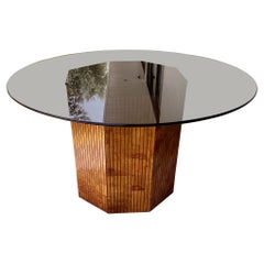 1970s Hexagonal Slat Burlwood Round Smoked Glass Dining Table