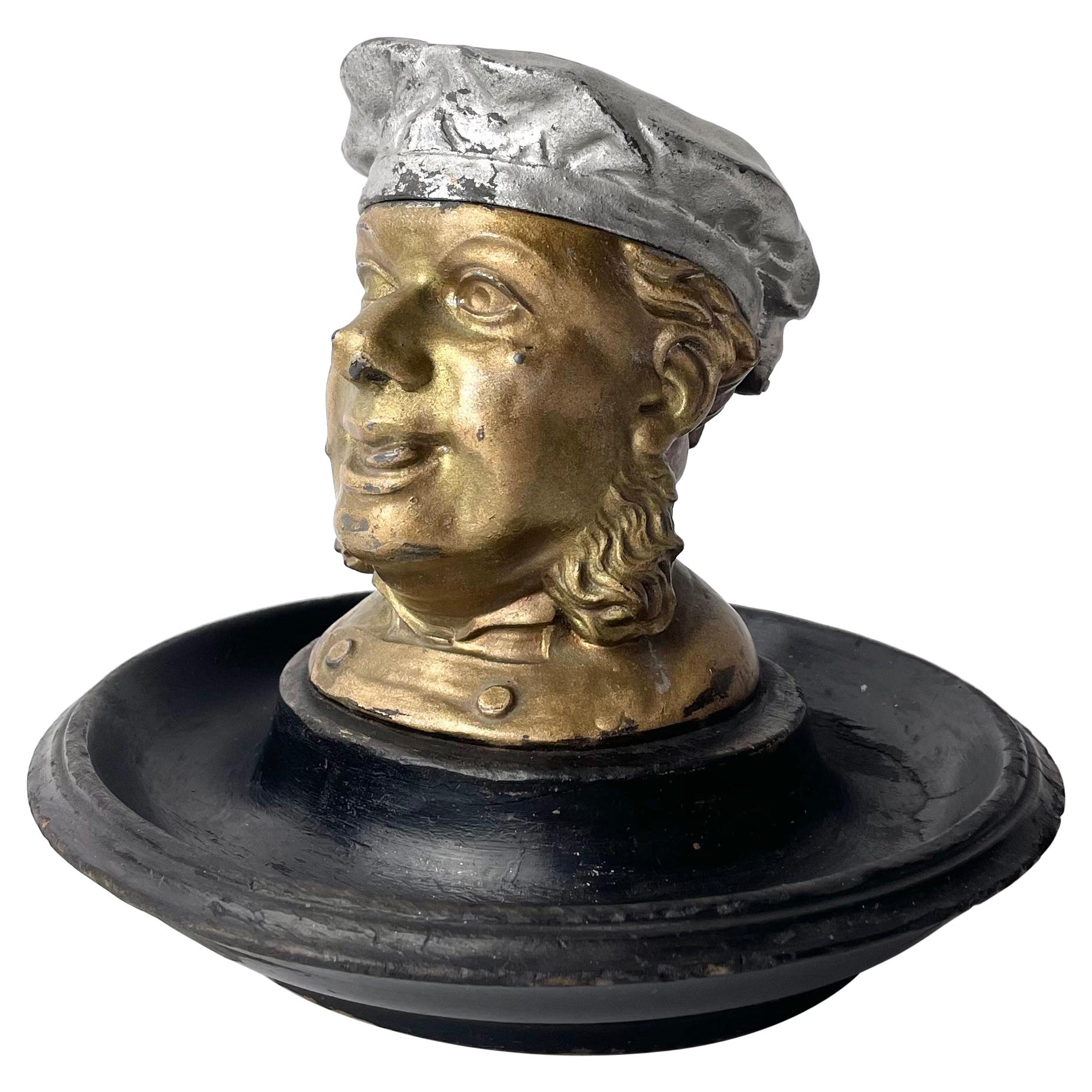 Charming Headshaped Ink Stand, Gilt White Metal Patinated Wood 19th C. England For Sale
