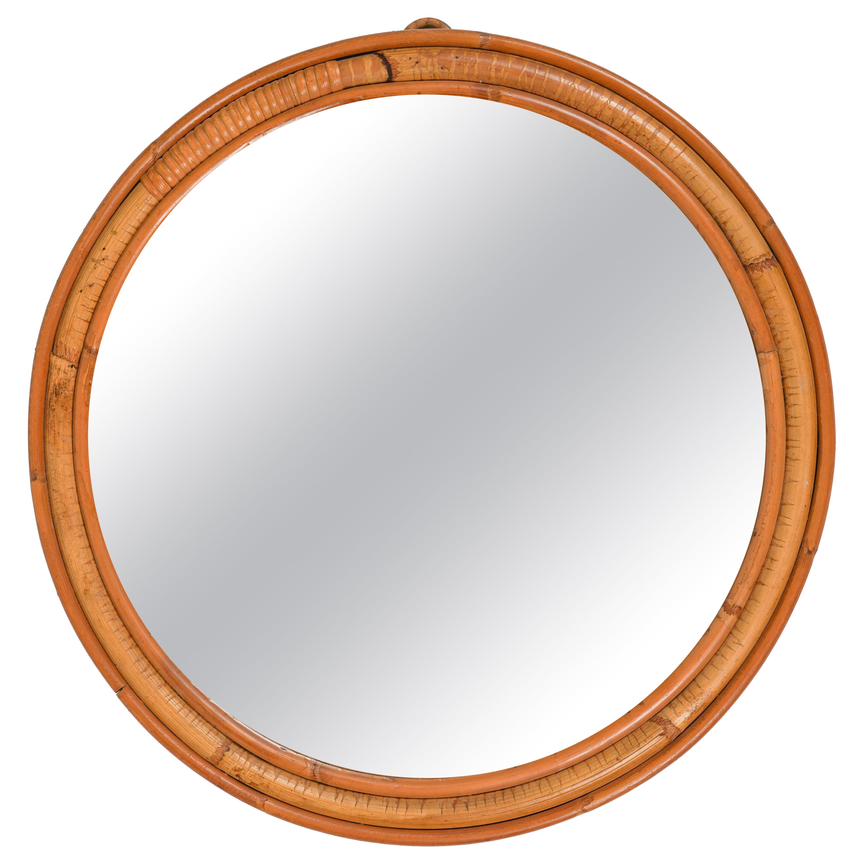 Midcentury Rattan and Bamboo Round Wall Mirror, Italy 1960s For Sale