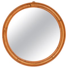 Midcentury Rattan and Bamboo Round Wall Mirror, Italy 1960s