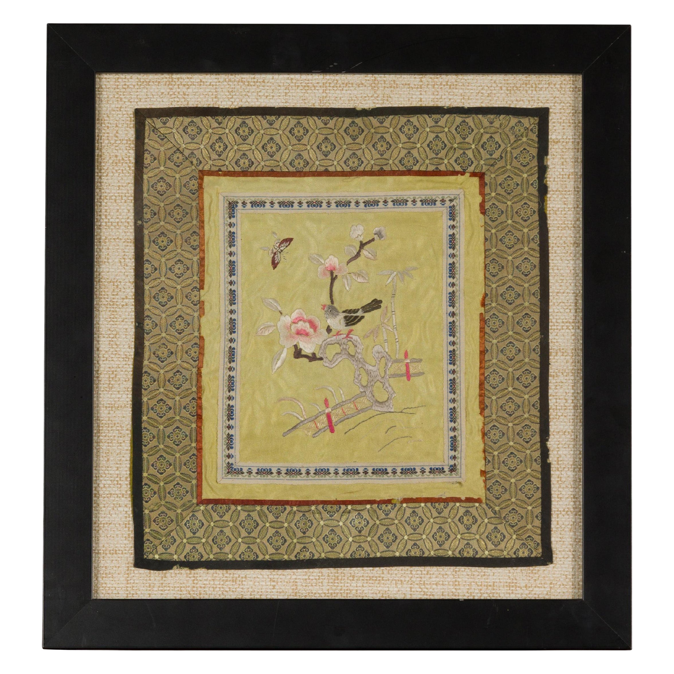Late Qing Dynasty Embroidered Silk Fabric with Bird in Custom Frame