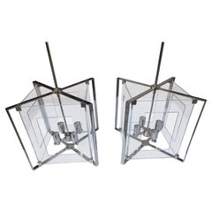 Pair of Mid Century Modern Lucite with Chrome Hanging Pendant Lamps 