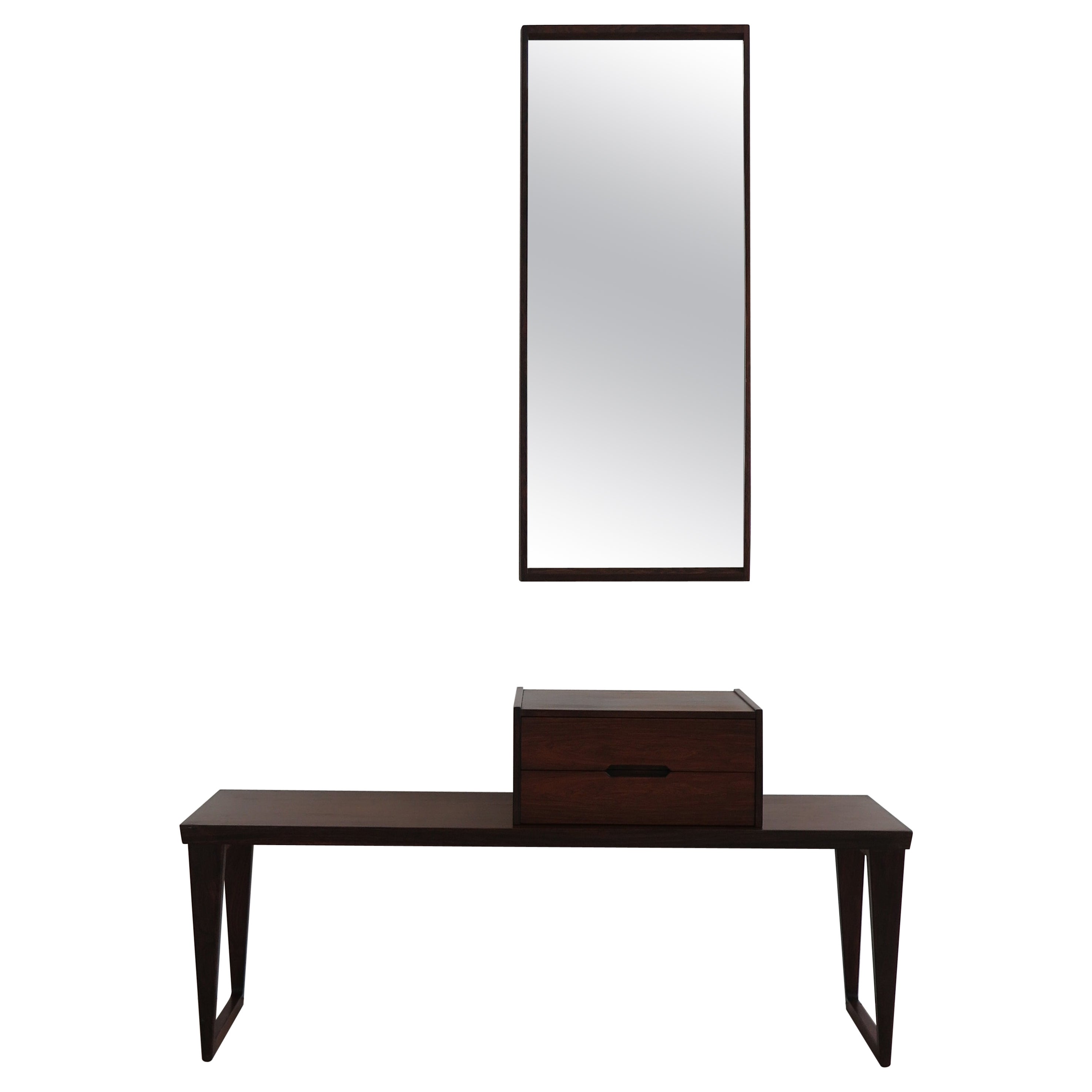 Kai Kristiansen Dark Wood Bench, Drawers and Mirror for Aksel Kjesgaard Set 1960