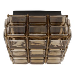 Smoked Glass and Brass Grid Flush Mount "BOOM" by Limburg, Germany 1960s