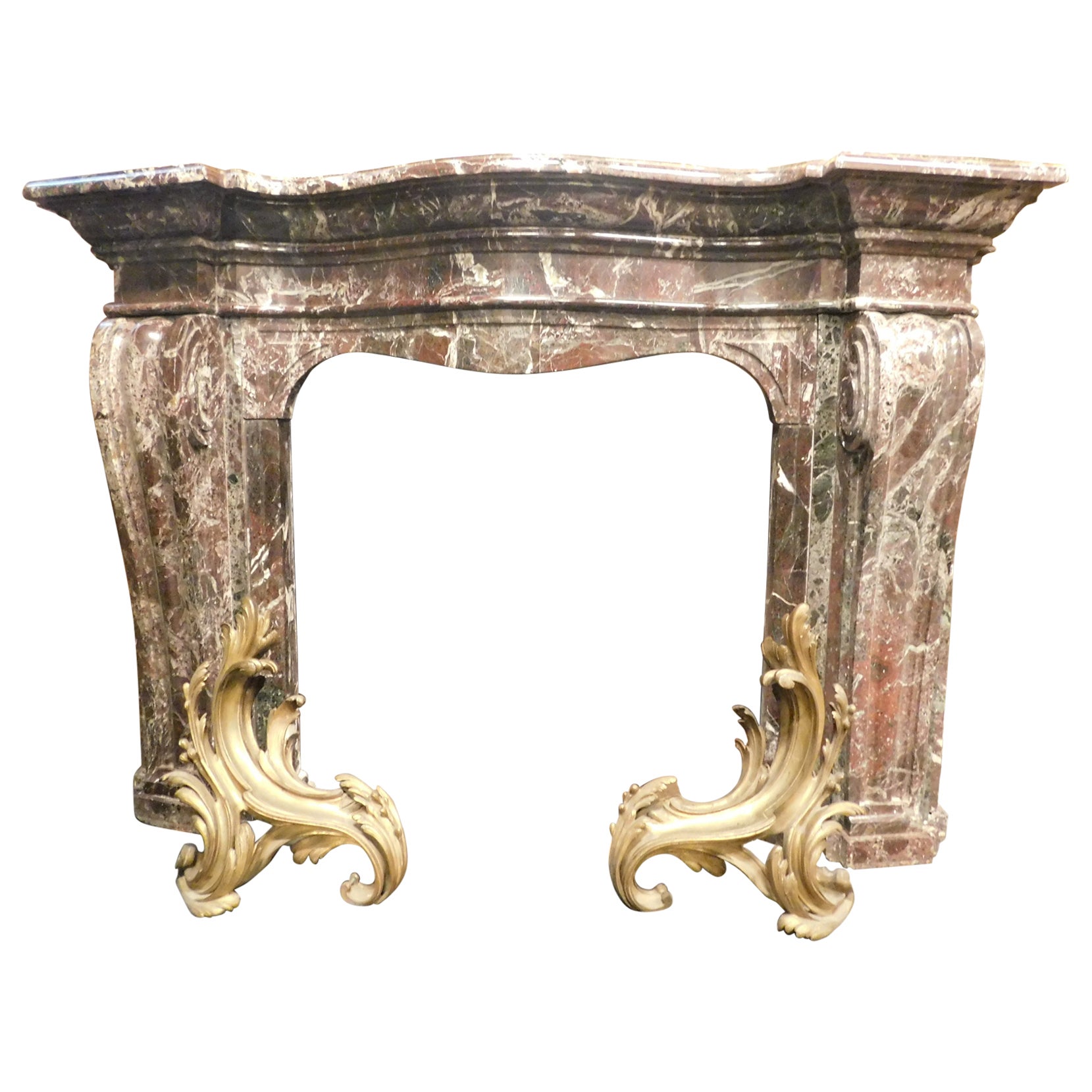 Fireplace mantle in "Rosso Levanto" marble, carved in volutes, Genoa Italy For Sale