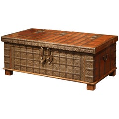 19th Century English Carved Chestnut Trunk Coffee Table with Heavy Hardware