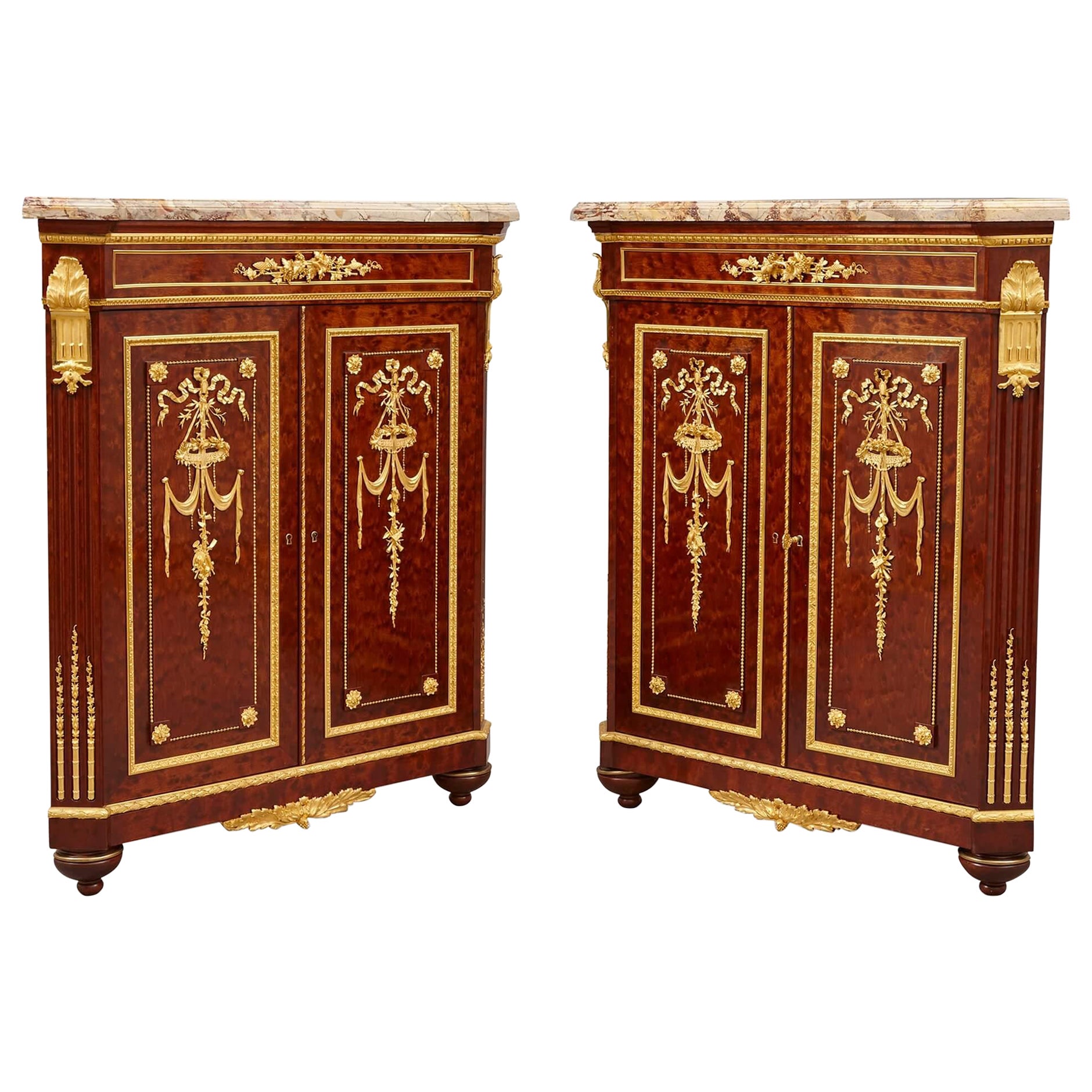 Pair of Antique Ormolu Mounted and Mahogany Corner Cabinets by Grohé Frères For Sale