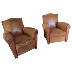 Pair of Antique French Art Deco Leather Club Armchairs.