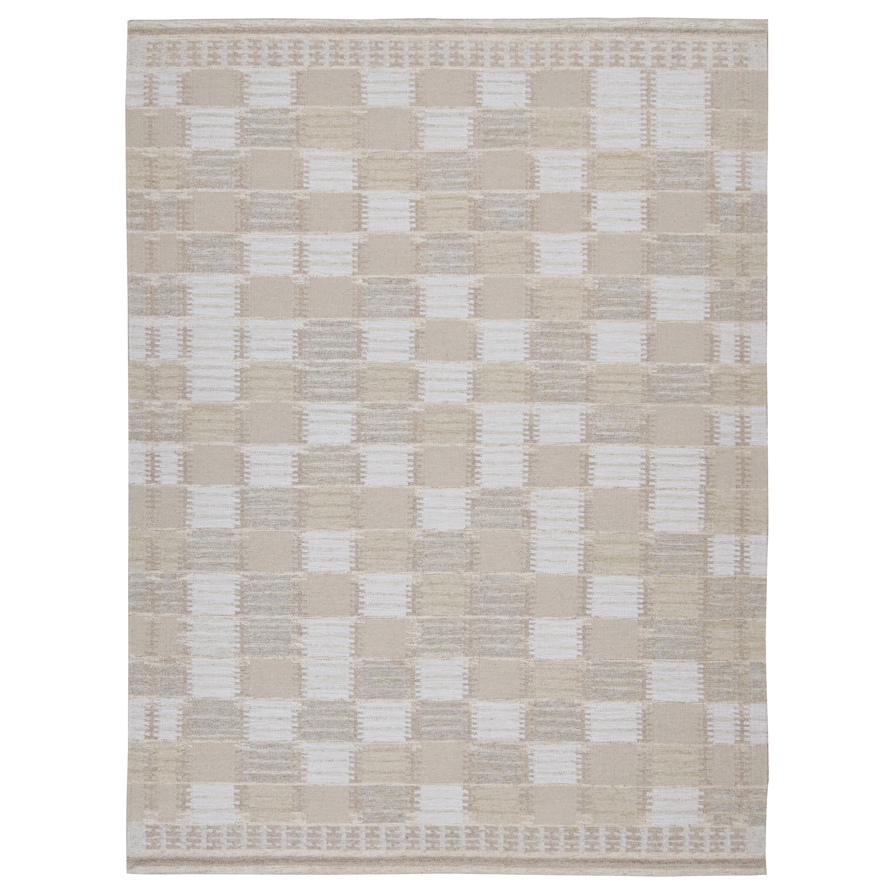 Rug & Kilim’s Scandinavian Style Kilim Rug in Taupe & Blue Geometric Patterns For Sale