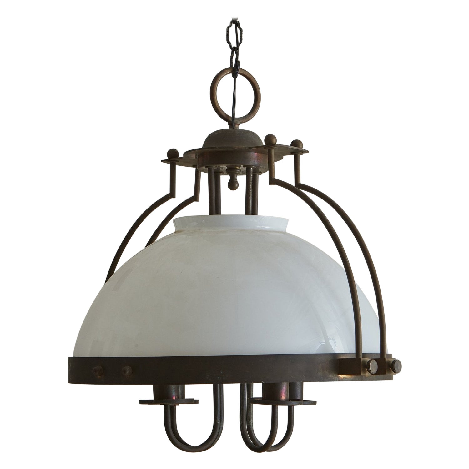 Patinated Bronze + Opaline Glass Pendant Light, France 1970s