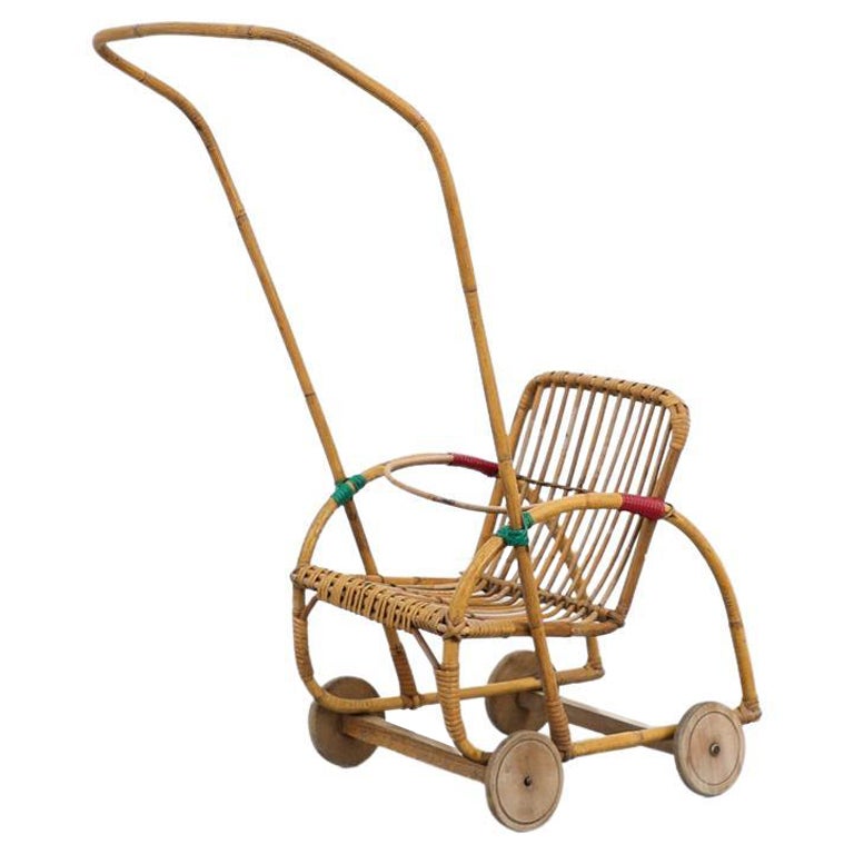 Mid-Century Bamboo Children's Baby Doll Stroller with Green and Red Details For Sale