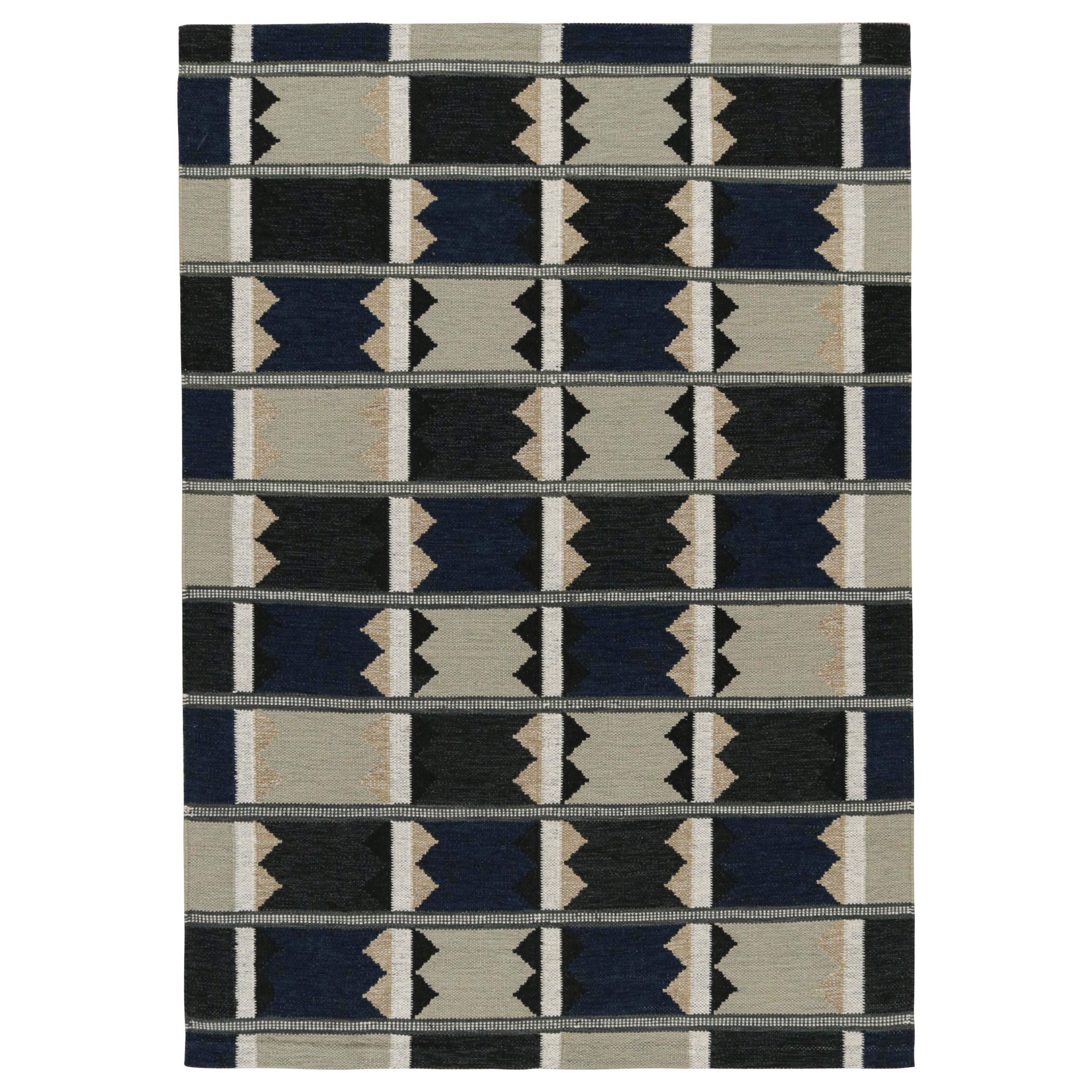 Rug & Kilim’s Scandinavian Style Kilim rug in Blue, Black & Greige Patterns For Sale