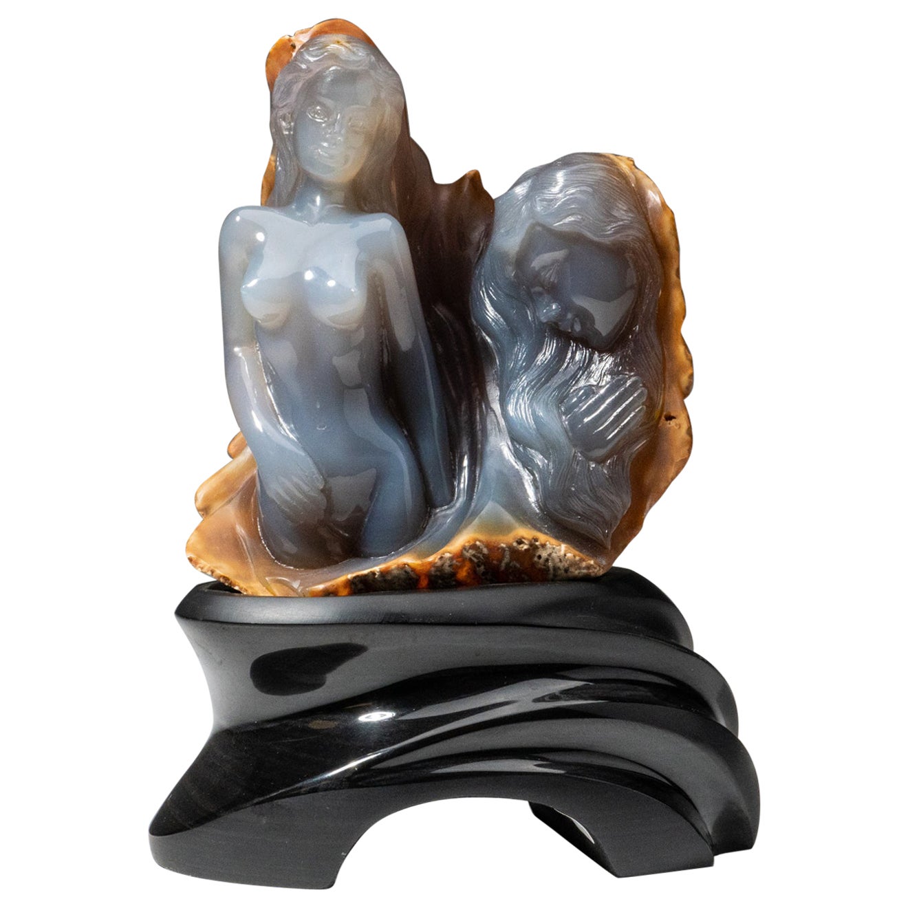 Polished Hand Carved Imperial Blue-Gray Chalcedony Bust and Profile on a Custom  For Sale