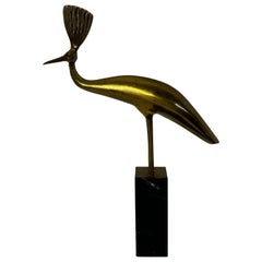 Modernist Brass Peacock Sculpture on Marble Base