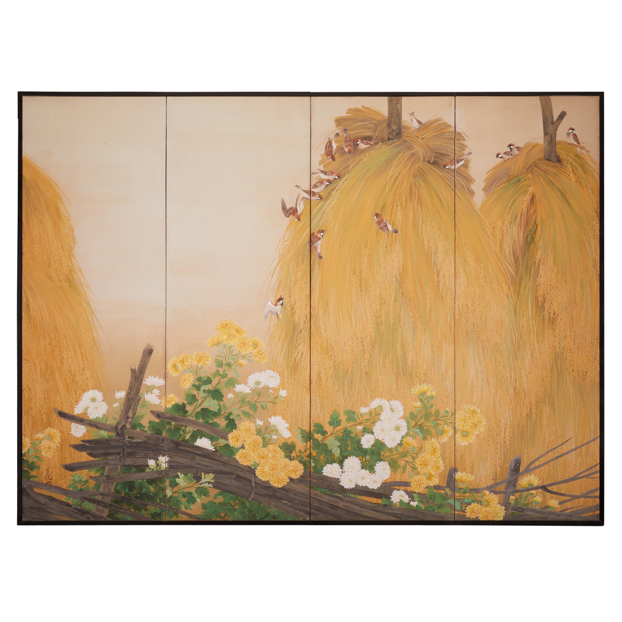 Japanese Four Panel Screen: Tree Sparrows on Drying Stacks of Bailed Rice  For Sale