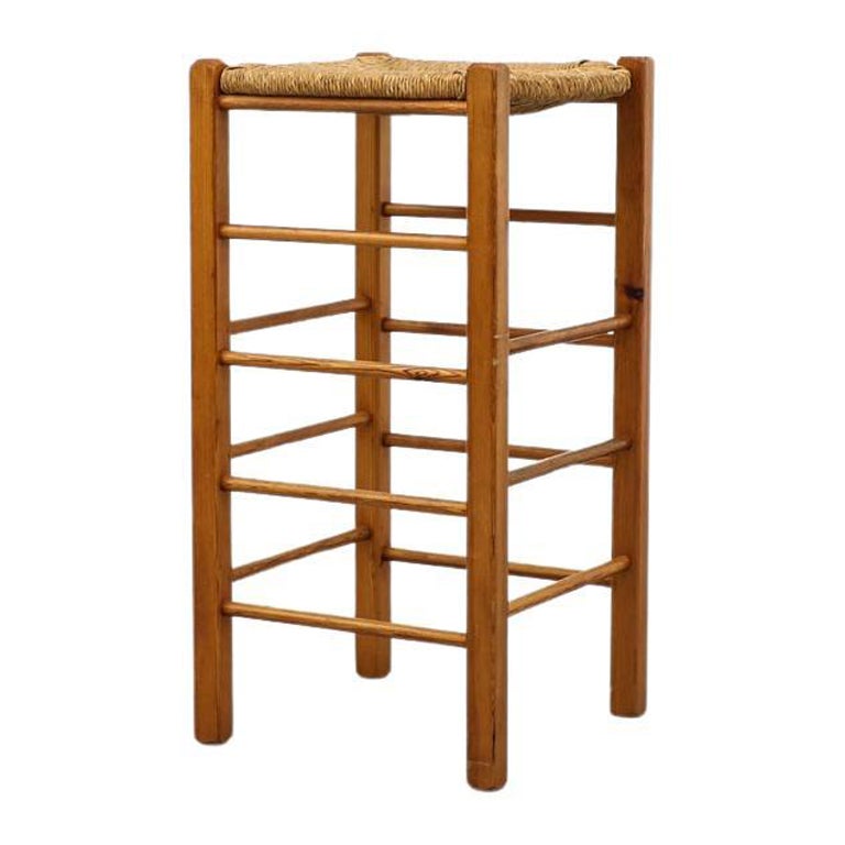 Charlotte Perriand Inspired Bar Height Stool in Pine with Rush Seat For Sale