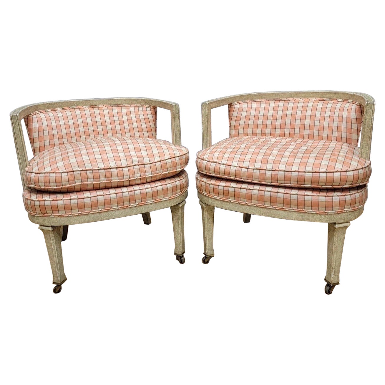 Mid Century Low Back Wood Frame Tub / Club Chairs - Pair For Sale