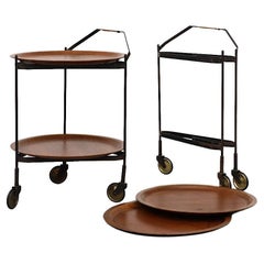 Vintage Mid-Century Rolling Cart with Folding Black Frame and Removable Teak Trays