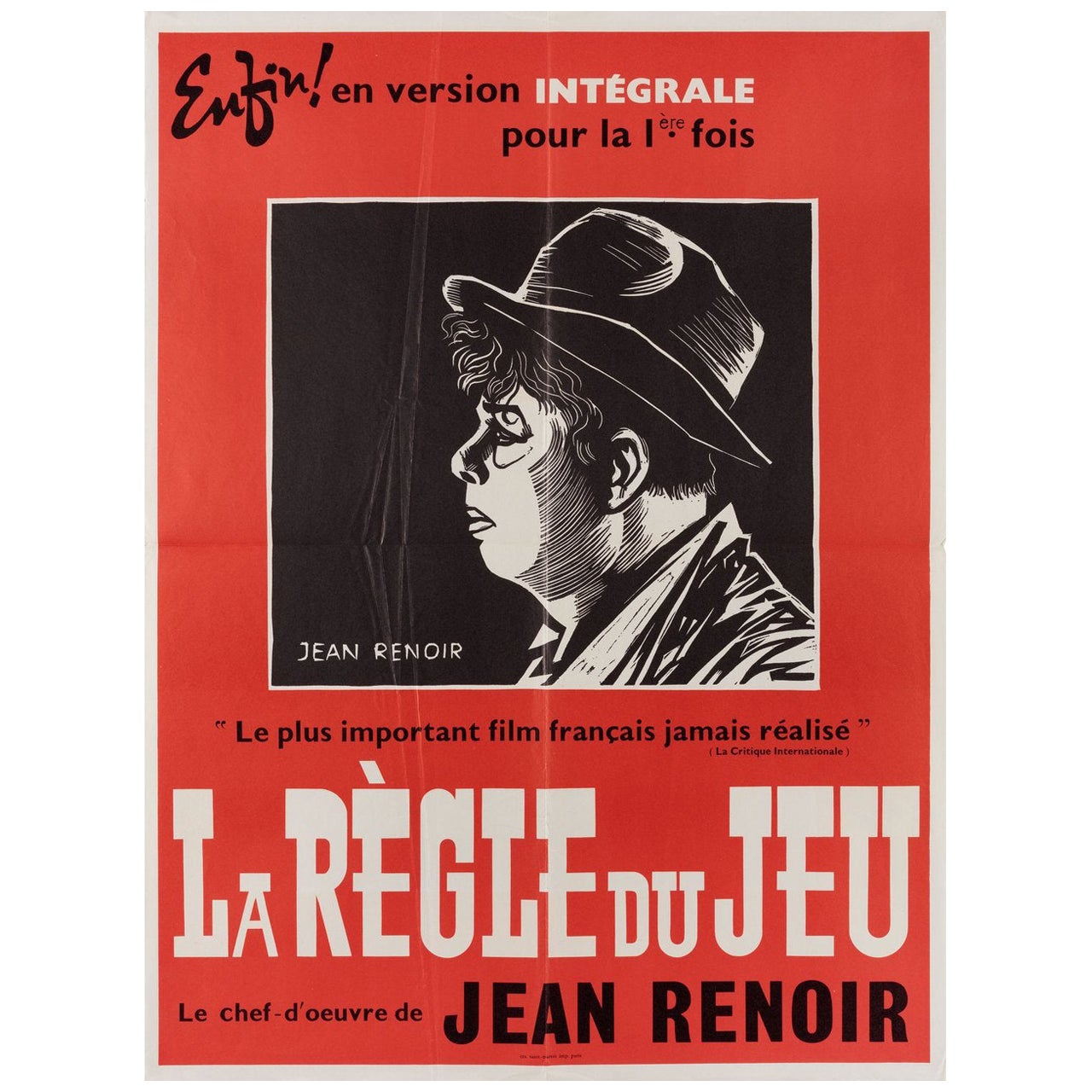 The Rules of the Game R1950s French Moyenne Film Poster For Sale
