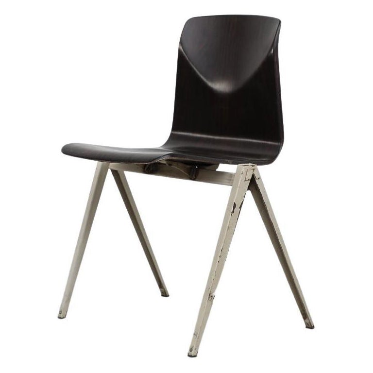 Single Prouve Style Industrial Stacking Chair with Grey Legs & Dark Stained Seat For Sale