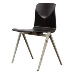 Single Prouve Style Industrial Stacking Chair with Grey Legs & Dark Stained Seat