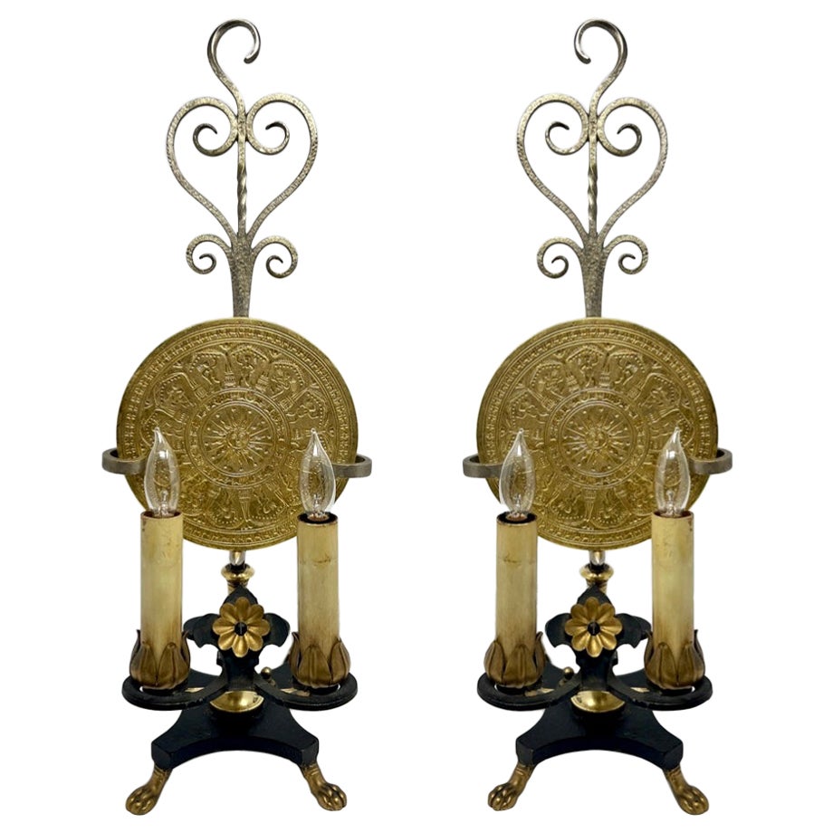 Pair of Antique Iron and Brass Lamps circa 1890 For Sale