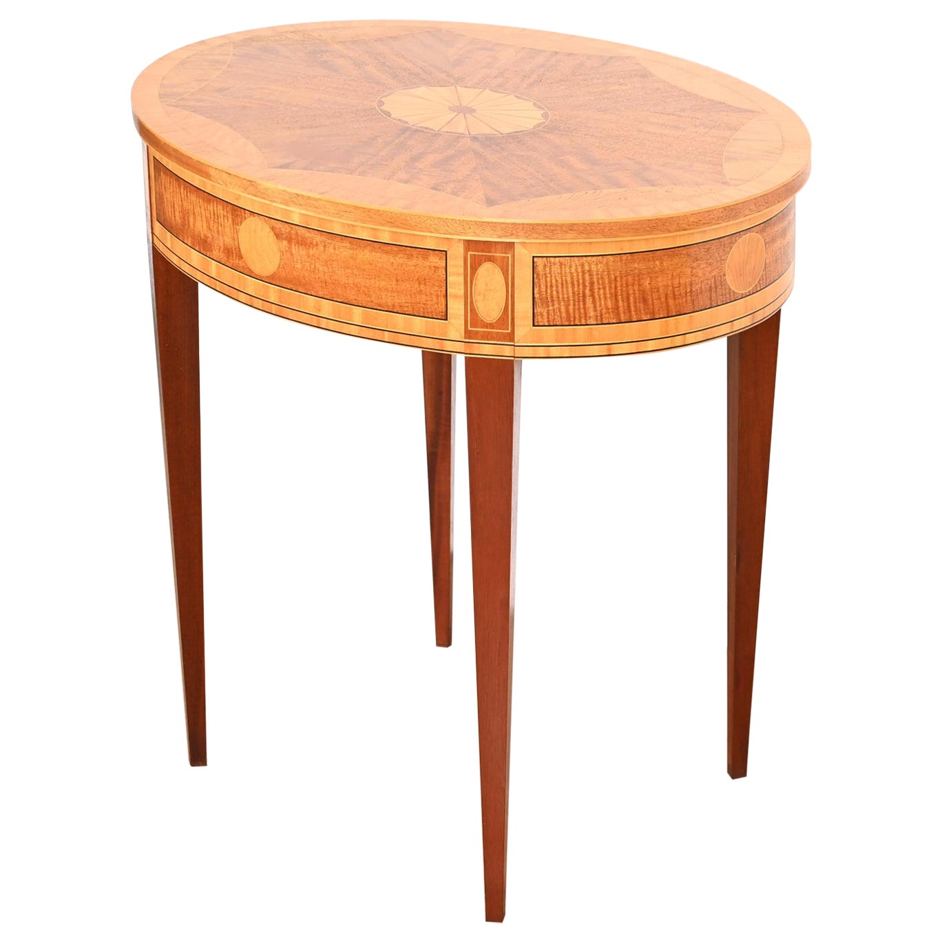 Kindel Furniture Federal Satinwood and Mahogany Inlaid Marquetry Tea Table For Sale