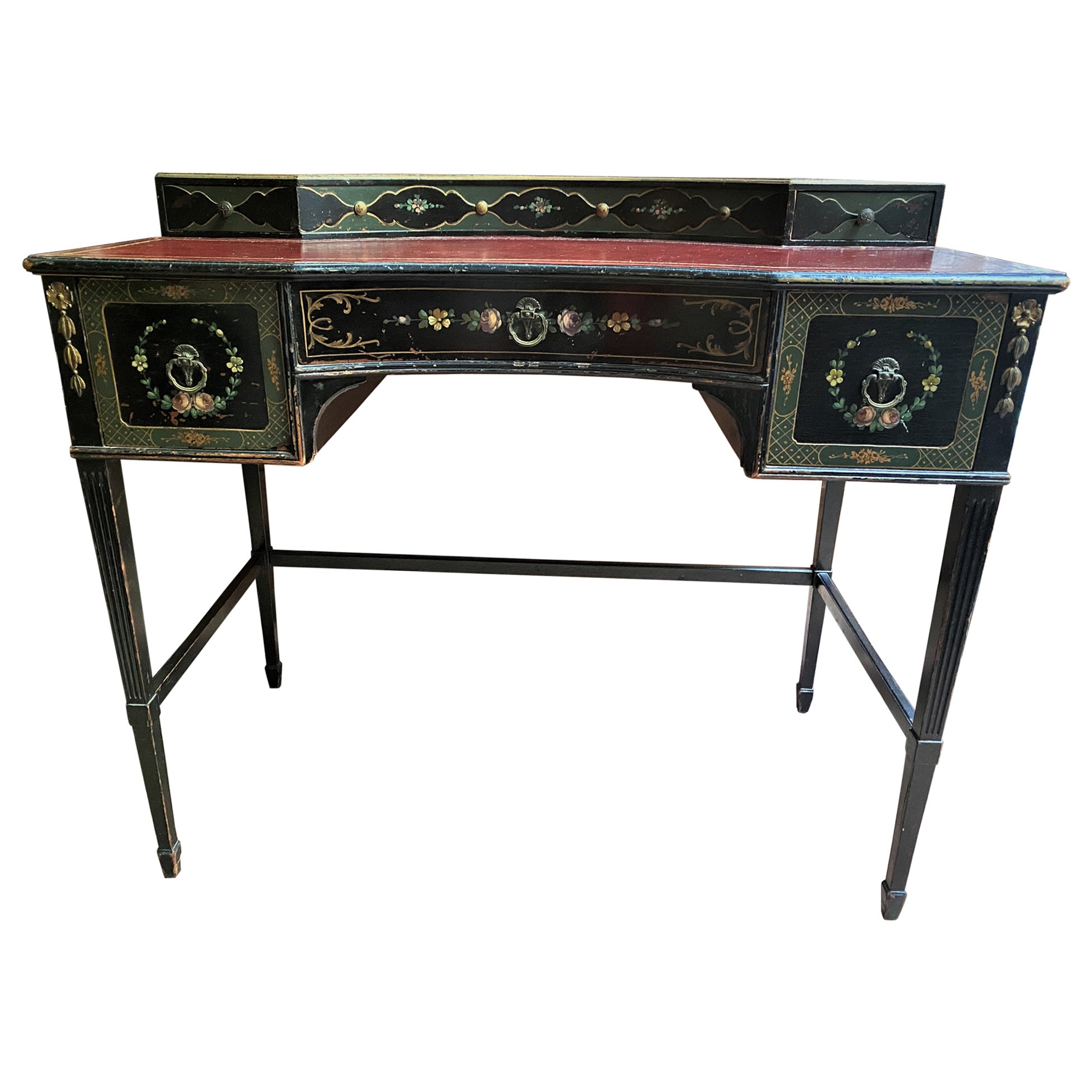 Mid Century Mazor Masterpiece Red Leather Top Black & Floral Painted Ladies Desk For Sale