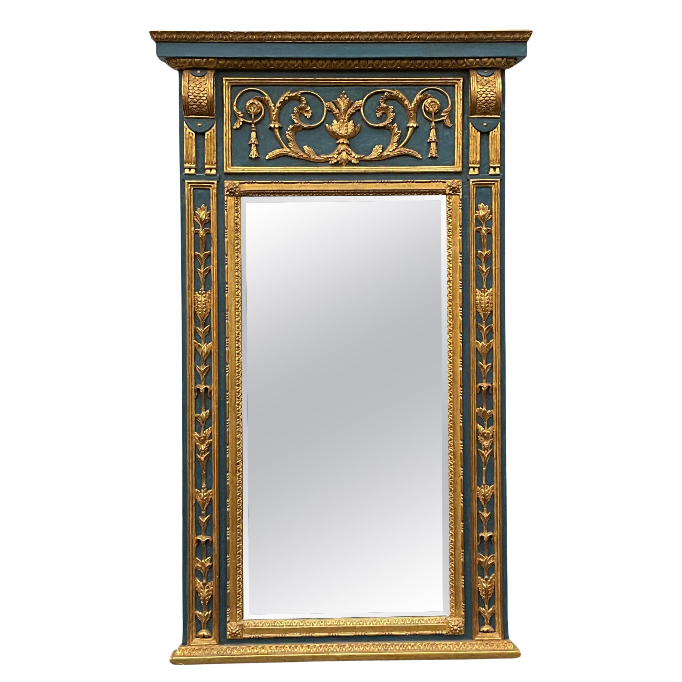 Large Scale Blue Painted Italian Carved Giltwood Neo-Classical Style Wall Mirror For Sale